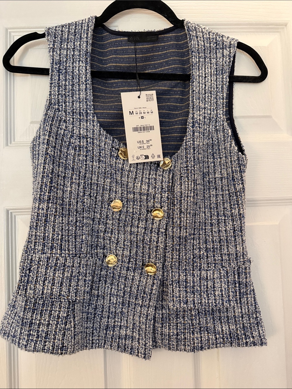 Zara Blue and White Tweed Sleeveless Double-Breasted Vest with Gold Buttons